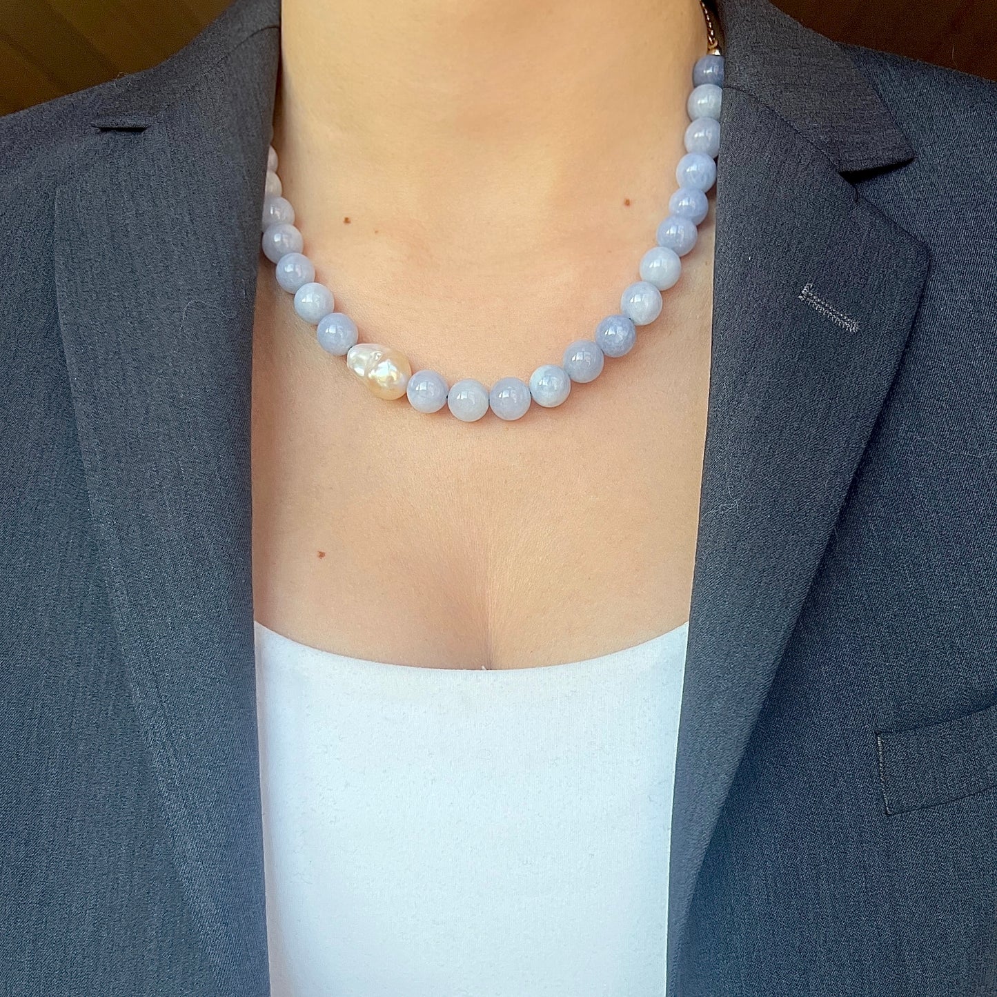 Necklace with Baroque and Jade Large Asymmetrical Blue Gold