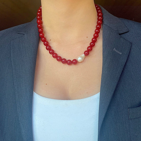 Necklace with Baroque and Jade Large Asymmetrical Wine Red Gold
