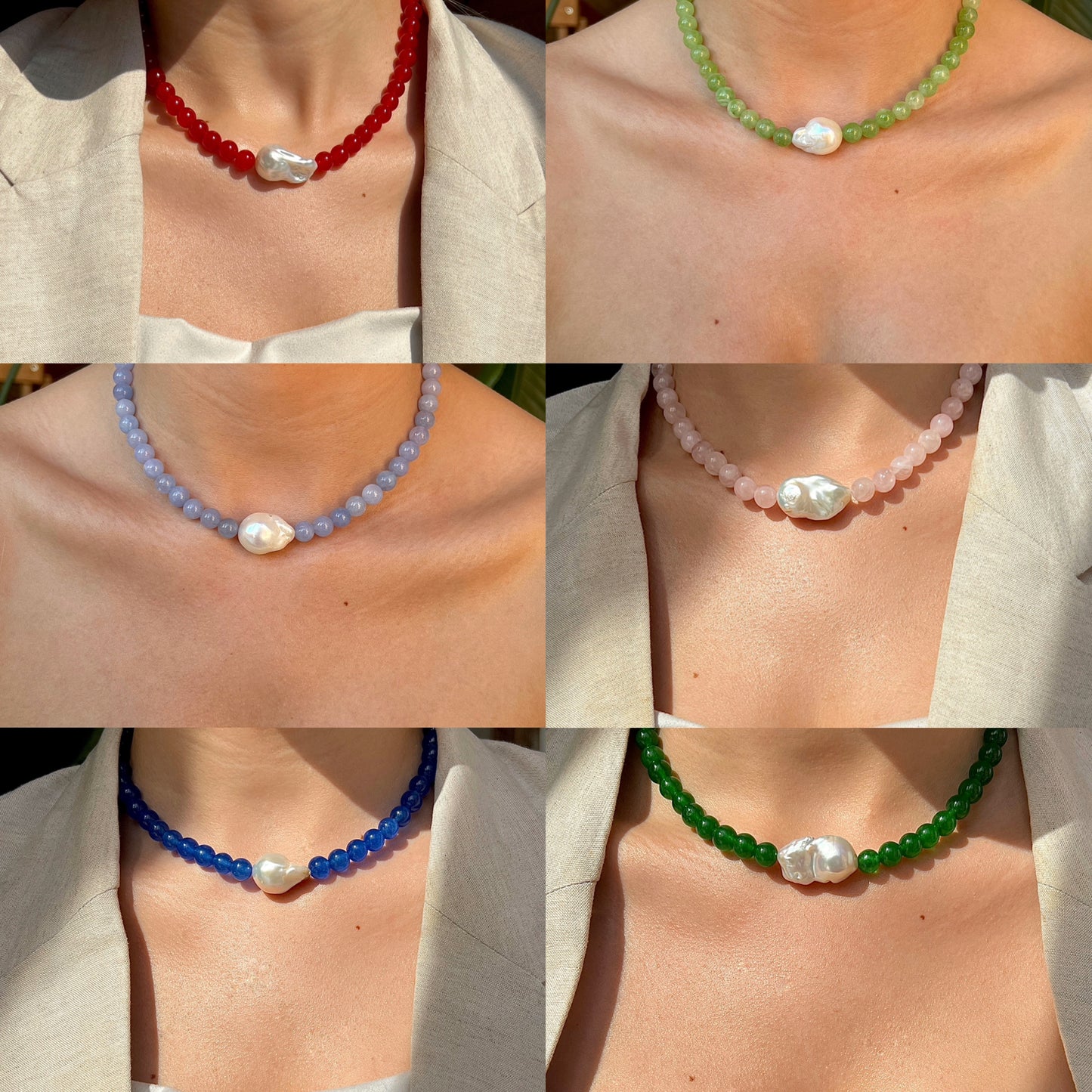 Halskæde med barok ferskvandsperle Light Green Sølv