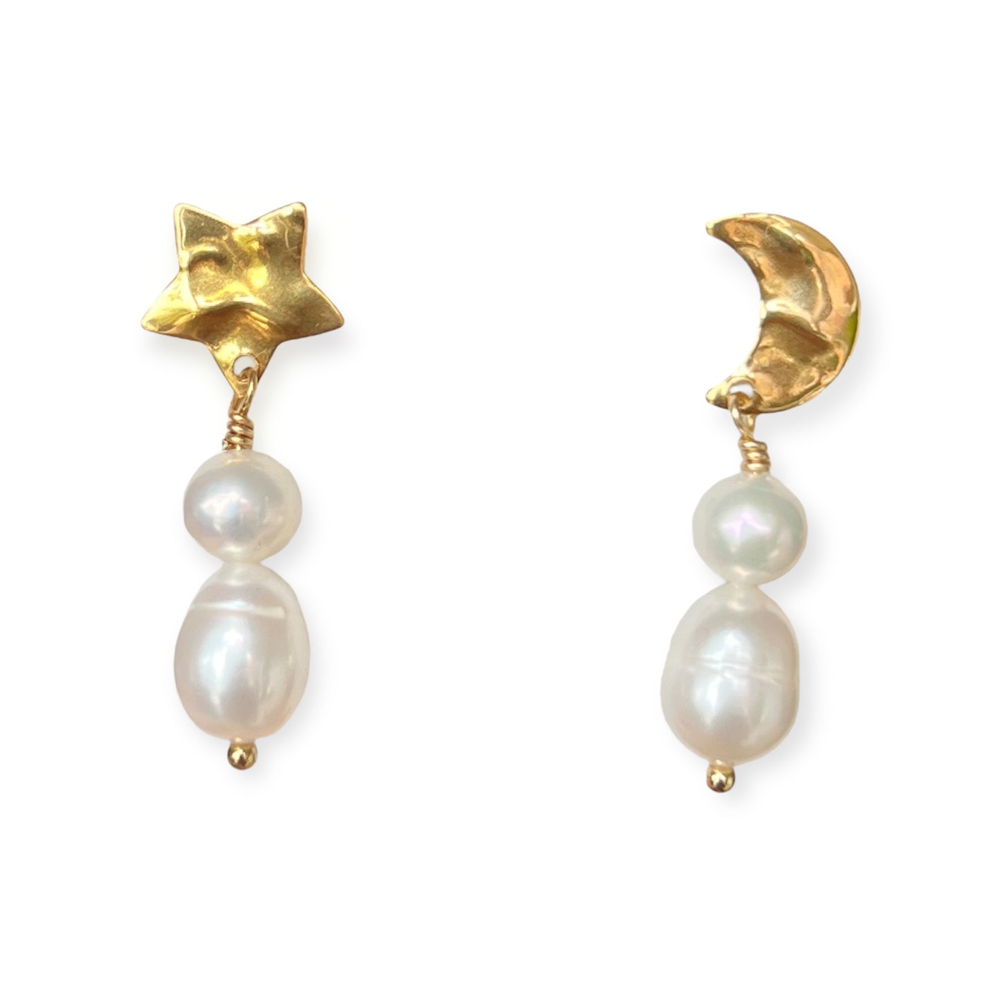 Øreringe med måne, stjerne og dobbelt ferskvandsperler Guld