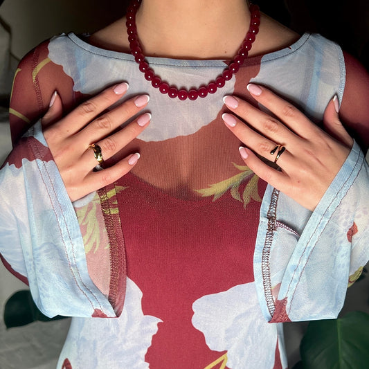 Necklace with jade beads Burgundy Silver