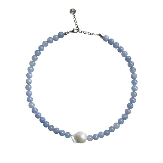 Necklace with Baroque Freshwater Pearl Blue Silver