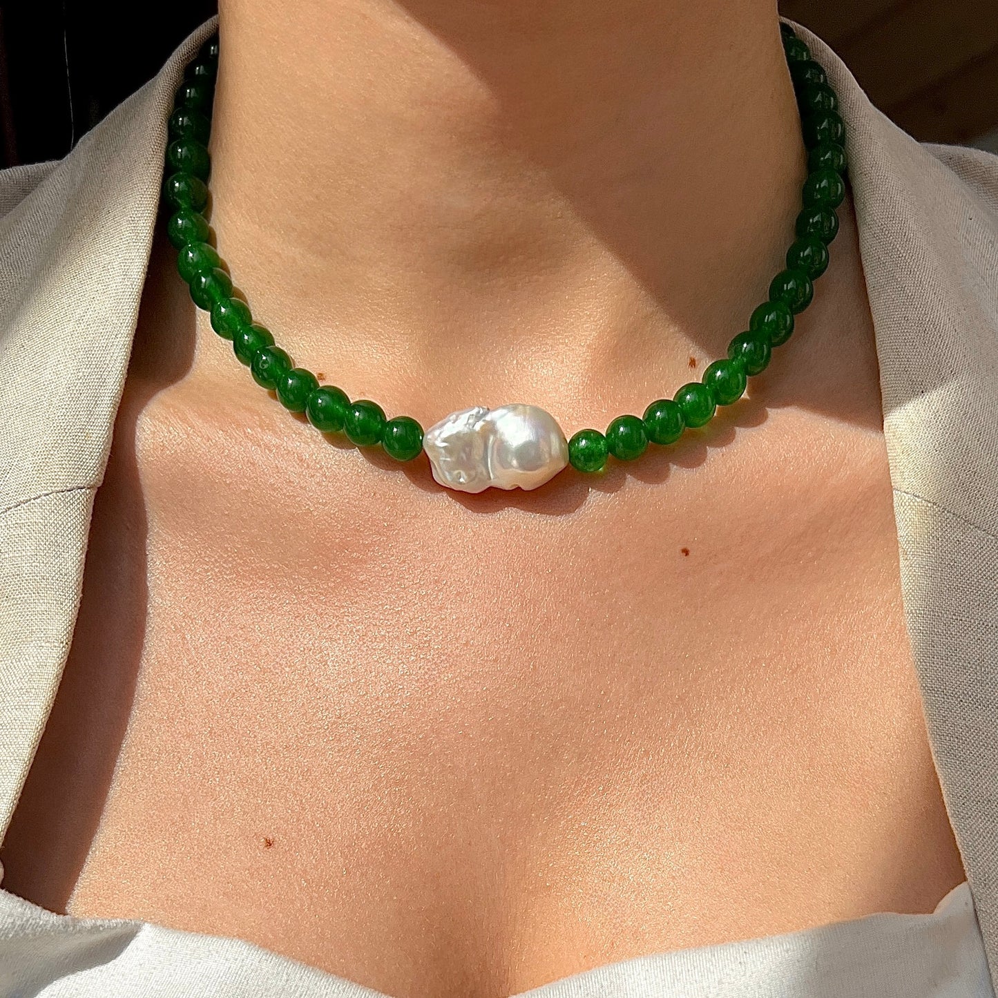 Necklace with baroque freshwater pearl Green Silver