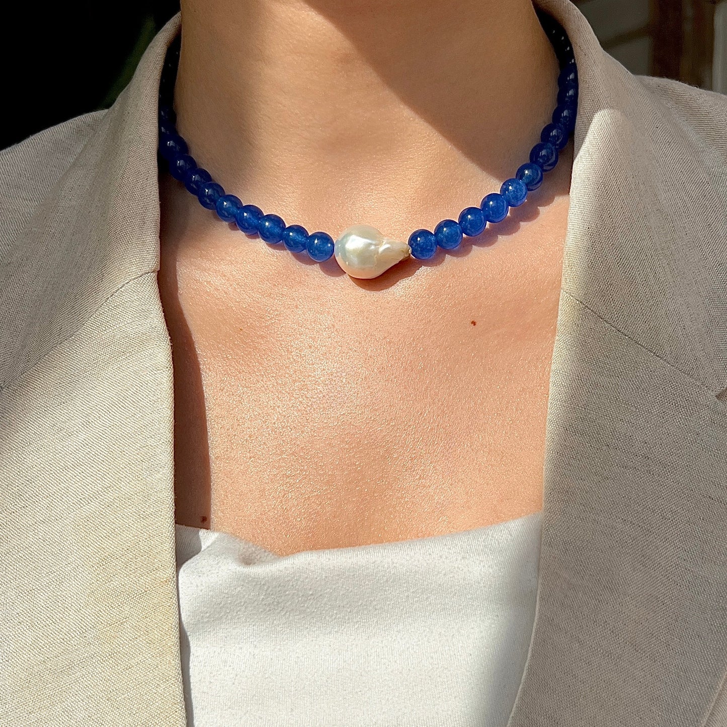 Necklace with baroque freshwater pearl Blue Silver