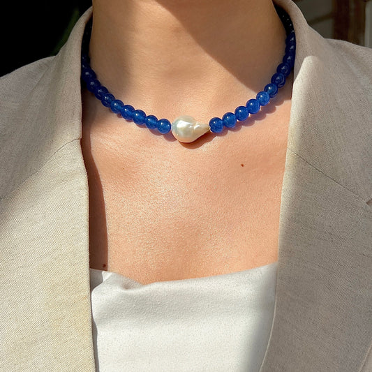 Necklace with baroque freshwater pearl Blue Silver