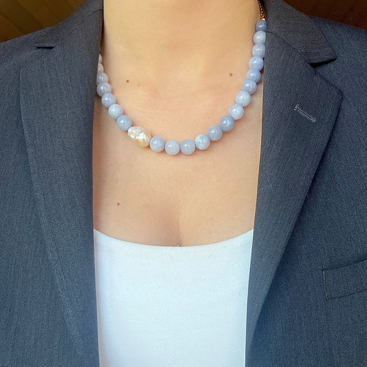 Necklace with Baroque and Jade Large Asymmetrical Blue Silver