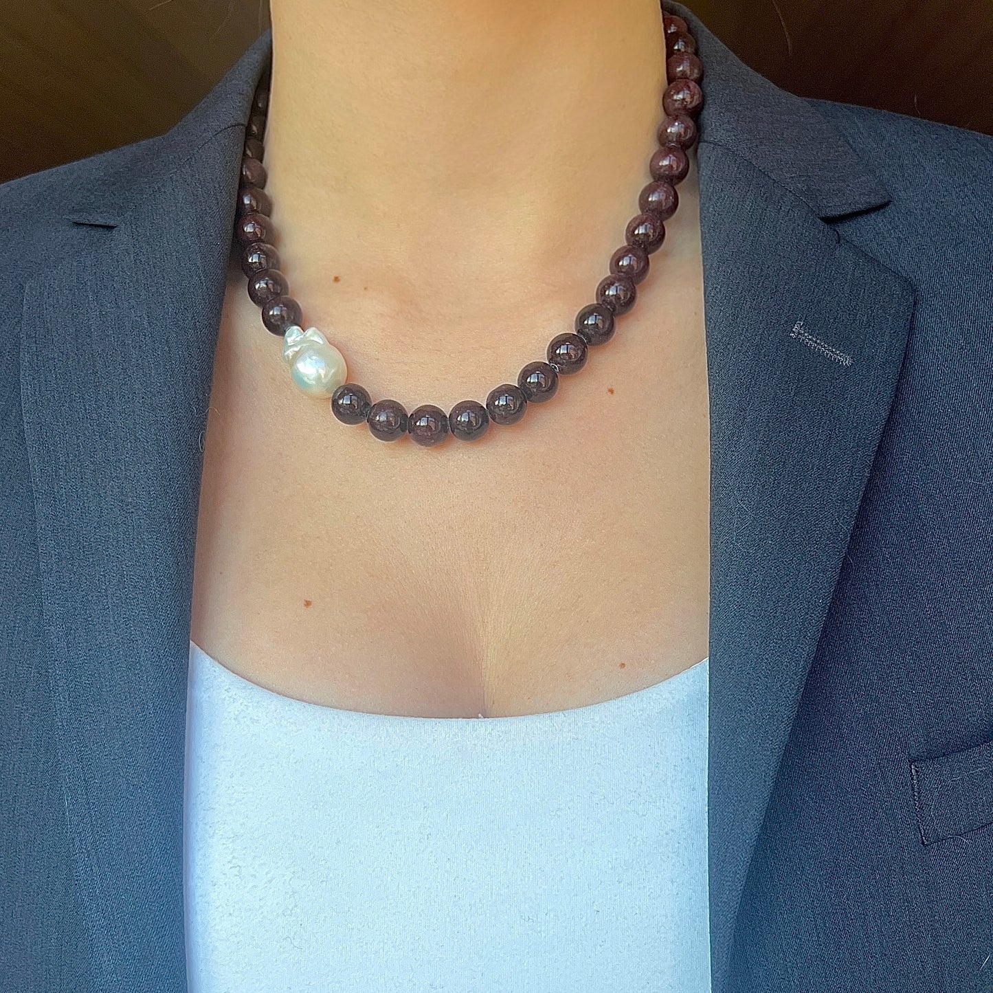 Necklace with Baroque and Garnet Stone Large Asymmetrical Brown Gold Silver