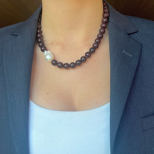 Necklace with Baroque and Garnet Stone Large Asymmetrical Brown Gold Silver