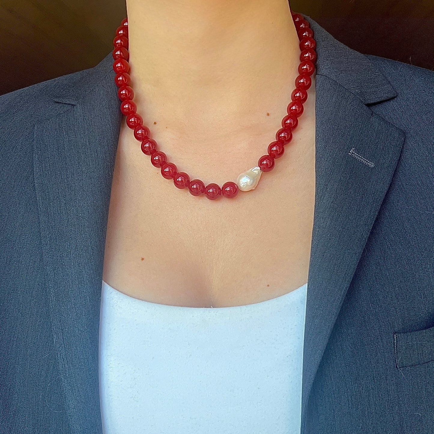 Necklace with Baroque and Jade Large Asymmetrical Wine Red Gold