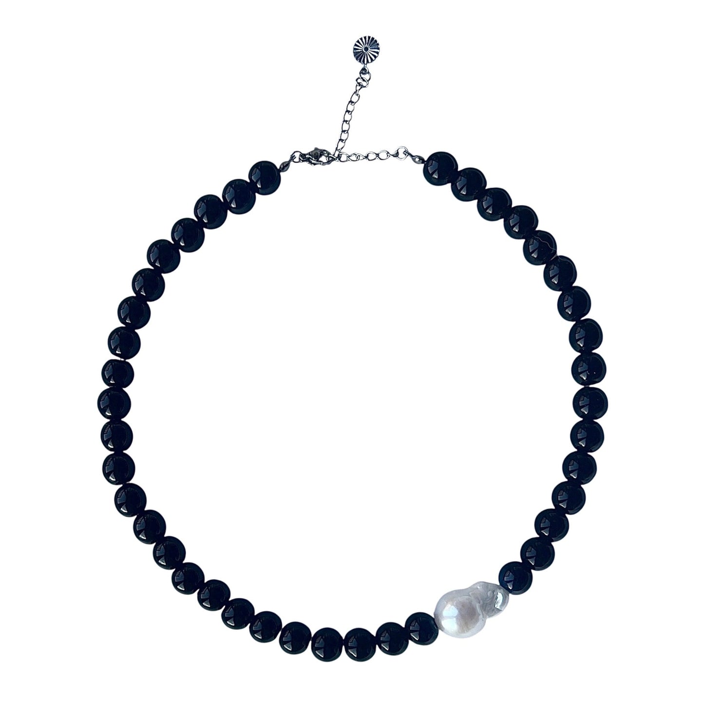 Necklace with Baroque and Onyx Large Asymmetrical Silver