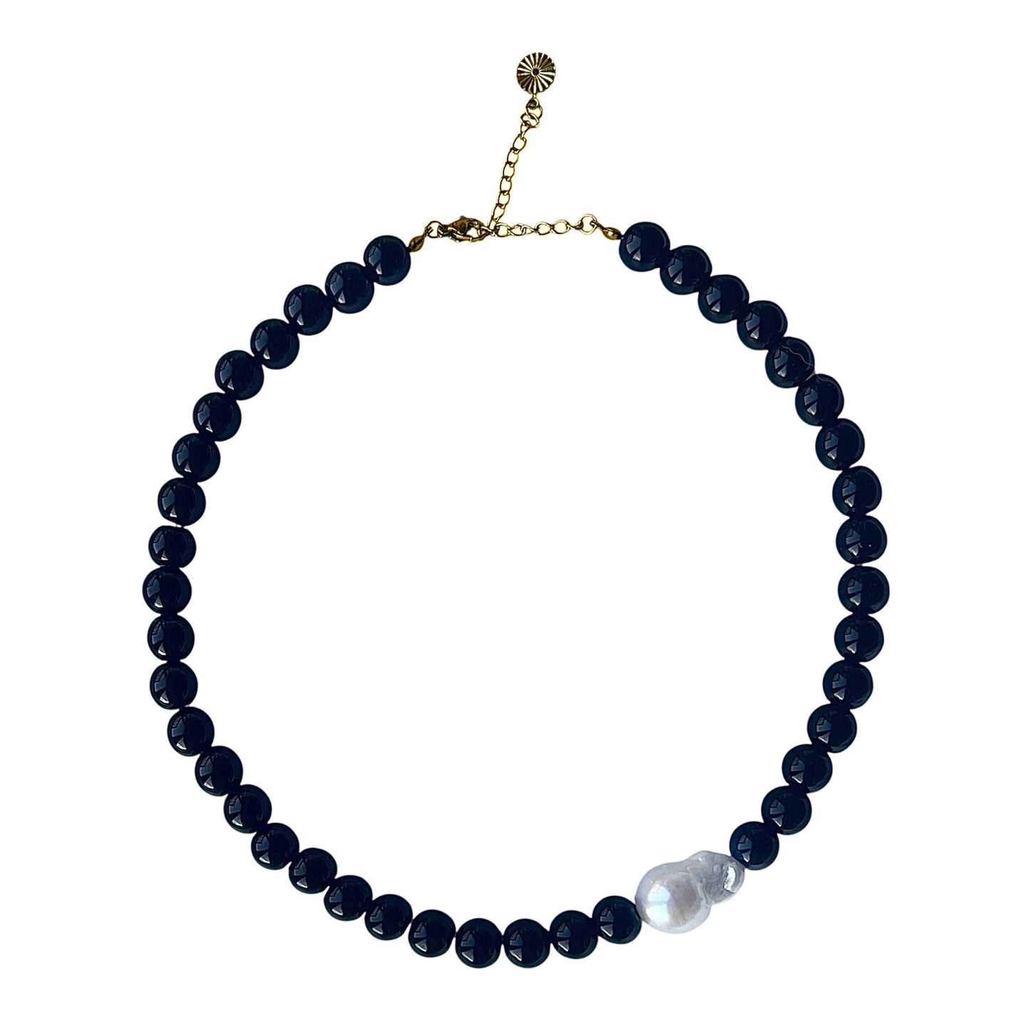 Necklace with Baroque and Onyx Large Asymmetrical Gold
