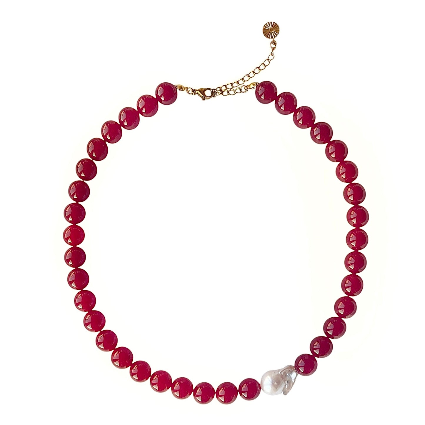 Necklace with Baroque and Jade Large Asymmetrical Wine Red Gold