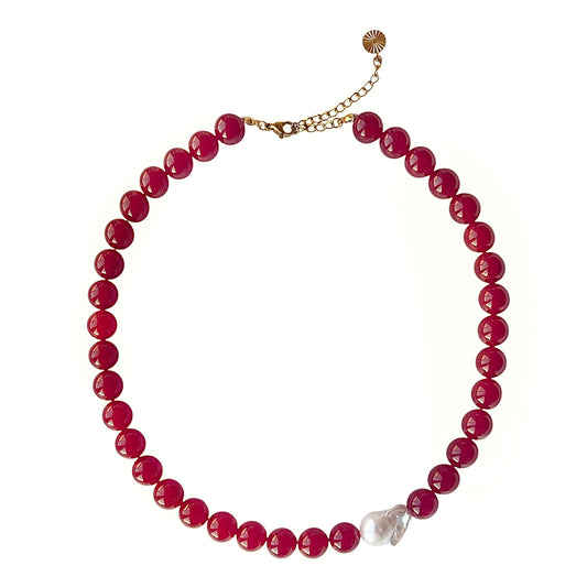Necklace with Baroque and Jade Large Asymmetrical Wine Red Gold