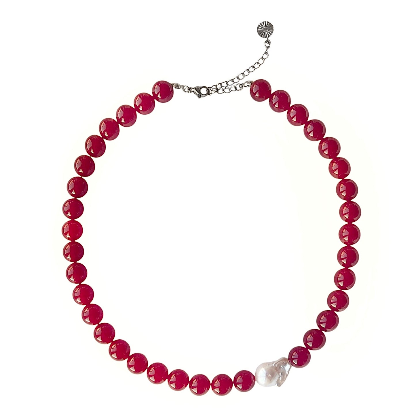 Necklace with Baroque and Jade Large Asymmetrical Wine Red Silver