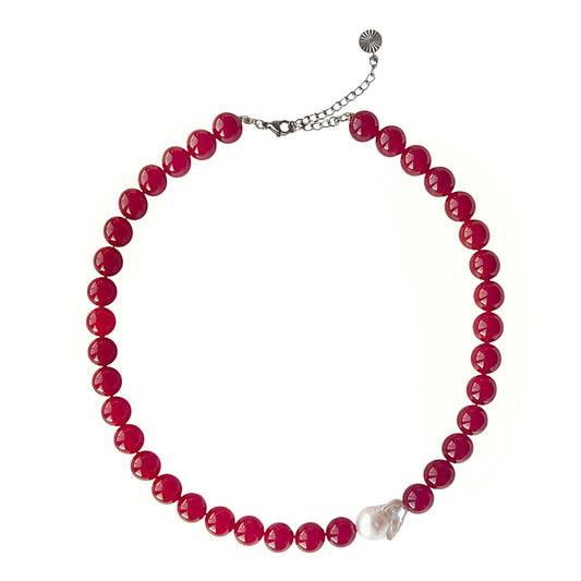 Necklace with Baroque and Jade Large Asymmetrical Wine Red Silver