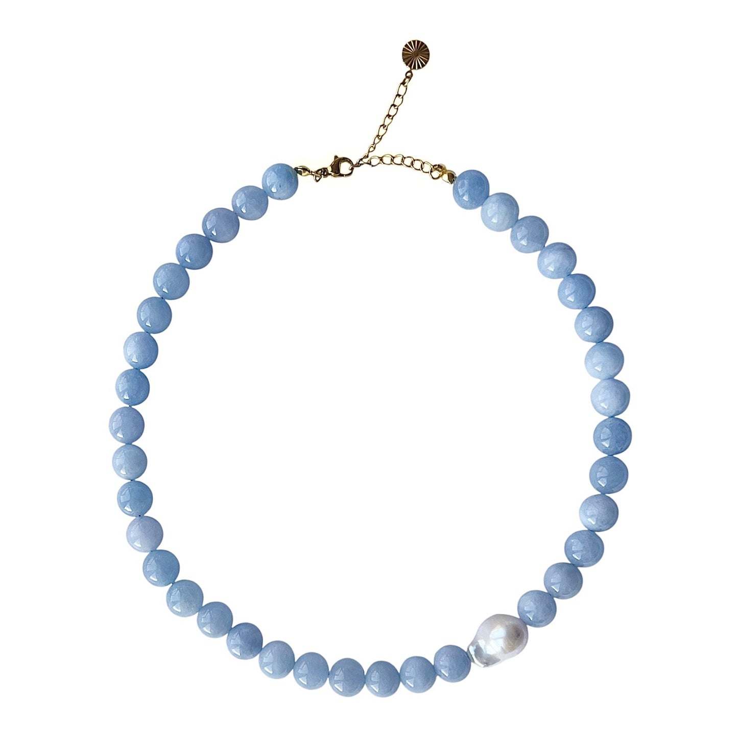 Necklace with Baroque and Jade Large Asymmetrical Blue Gold
