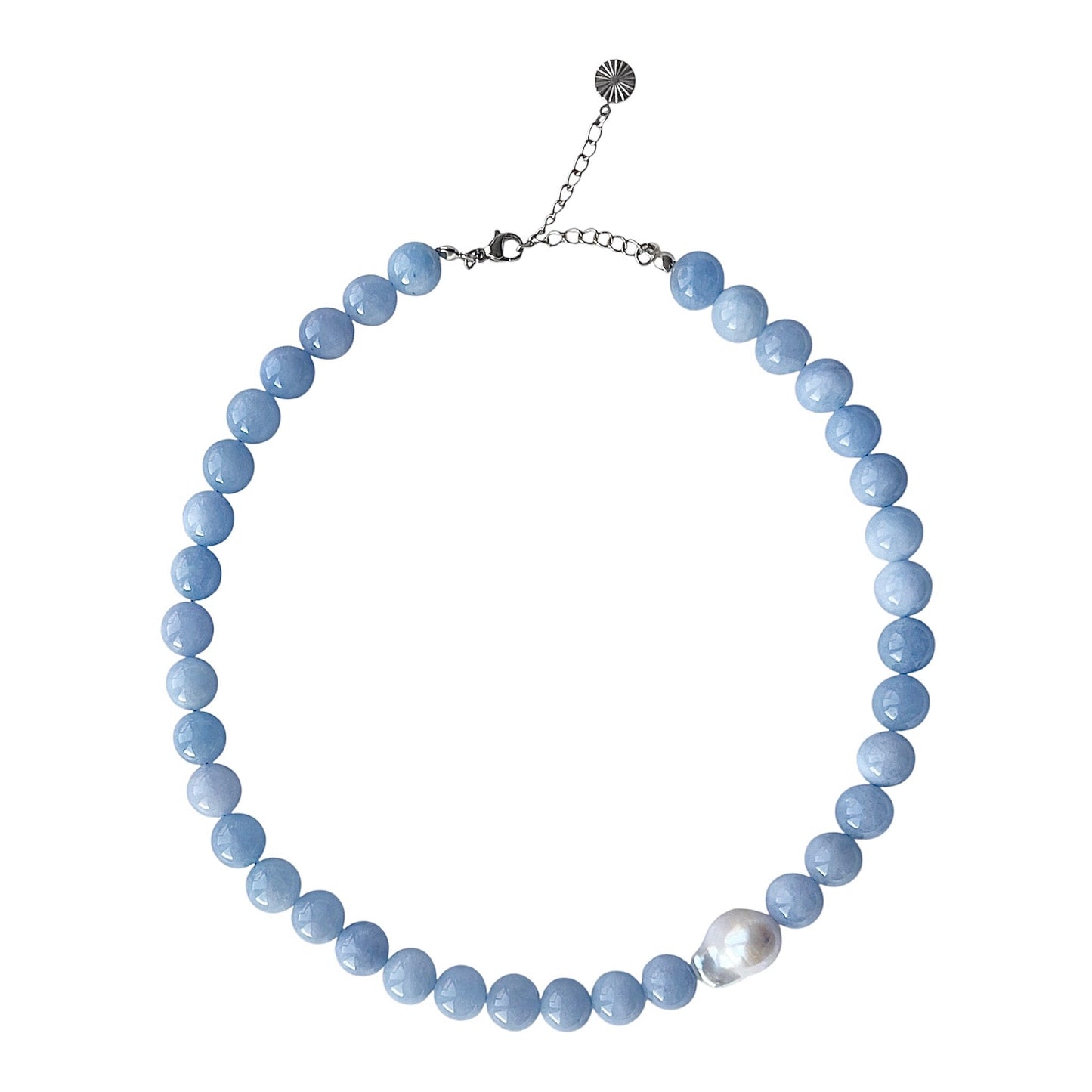 Necklace with Baroque and Jade Large Asymmetrical Blue Silver