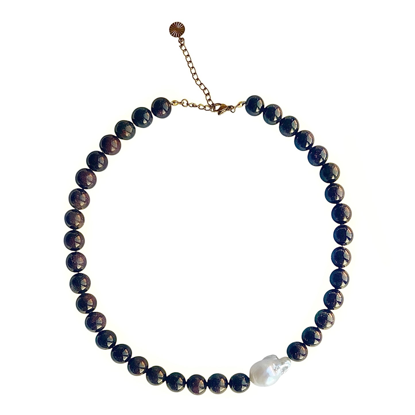 Necklace with Baroque and Garnet Stone Large Asymmetrical Brown Gold