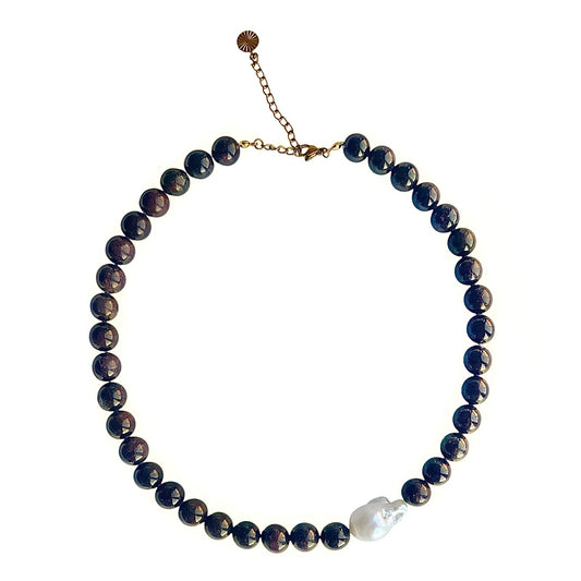 Necklace with Baroque and Garnet Stone Large Asymmetrical Brown Gold