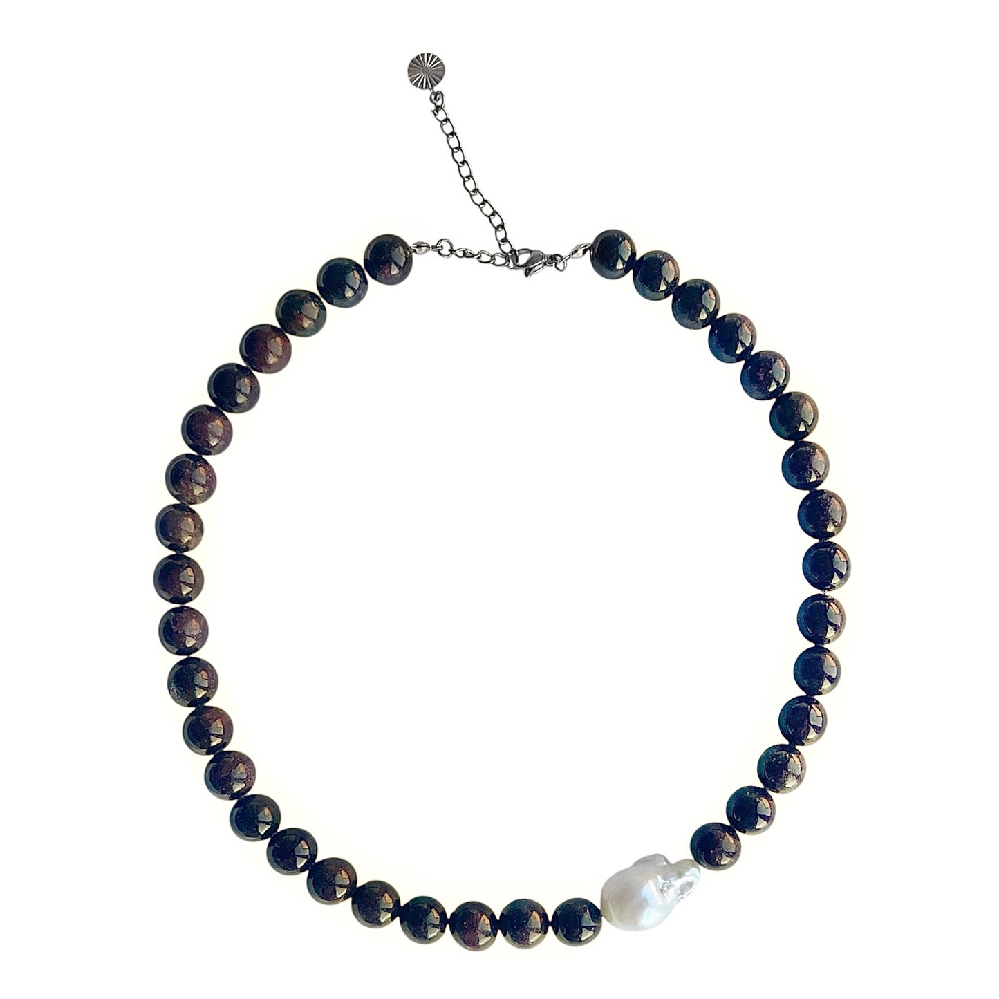 Necklace with Baroque and Garnet Stone Large Asymmetrical Brown Gold Silver