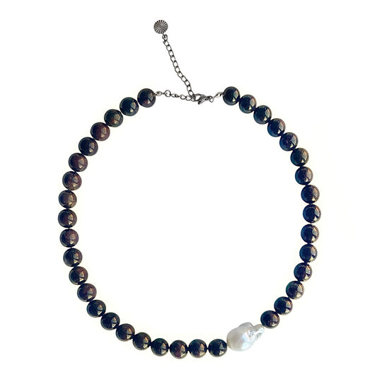 Necklace with Baroque and Garnet Stone Large Asymmetrical Brown Gold Silver