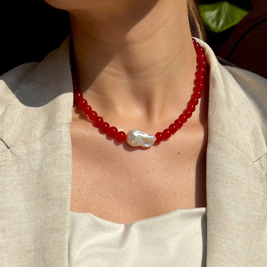 Halskæde med barok ferskvandsperle Rød Guld