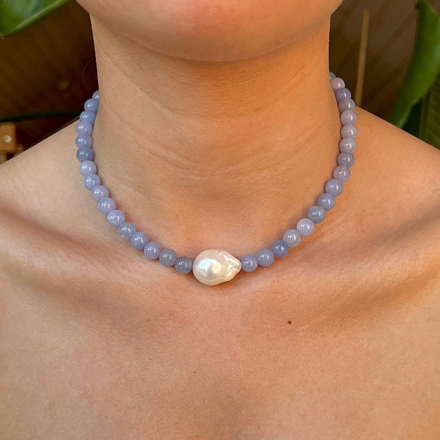 Necklace with Baroque Freshwater Pearl Blue Silver