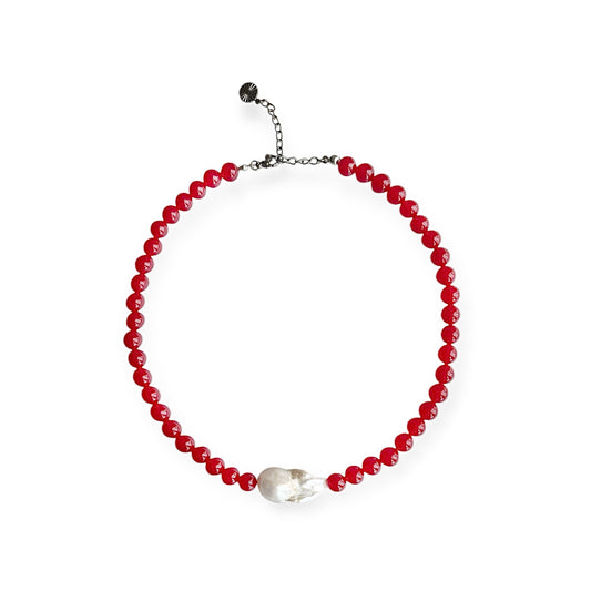 Necklace with Baroque Freshwater Pearl Red Silver