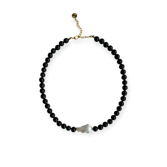 Halskæde med barok ferskvandsperle Sort Guld
