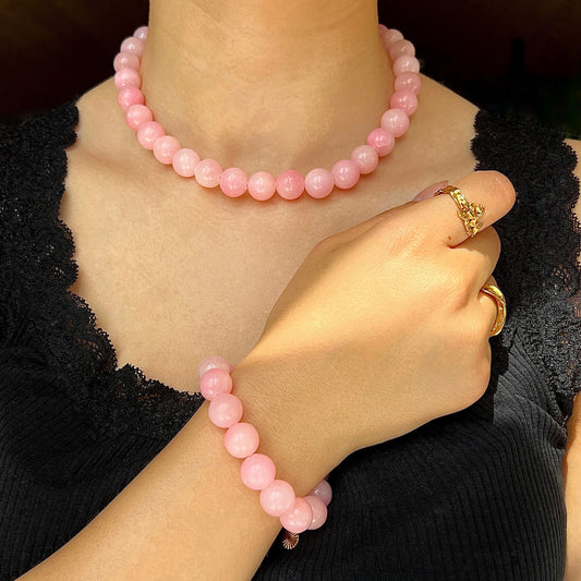 Halskæde med lyserøde jade perler Sølv