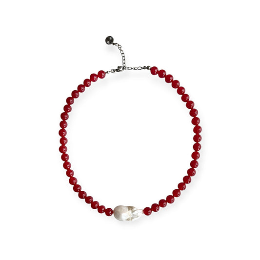 Halskæde med barok ferskvandsperle Rød Sølv