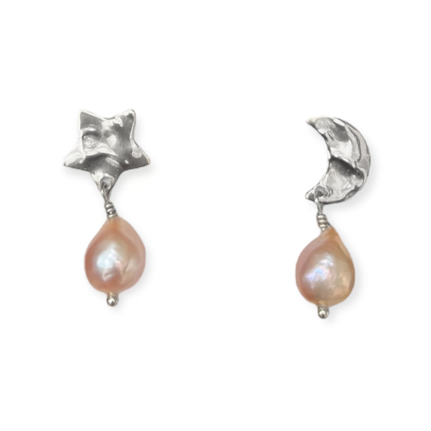 Øreringe med måne, stjerne og rosa ferskvandsperler Sølv