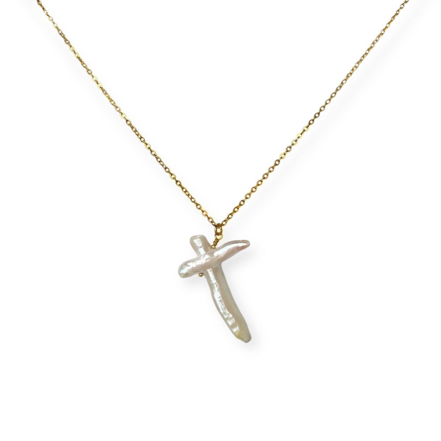 Halskæde med kors ferskvandsperle Guld