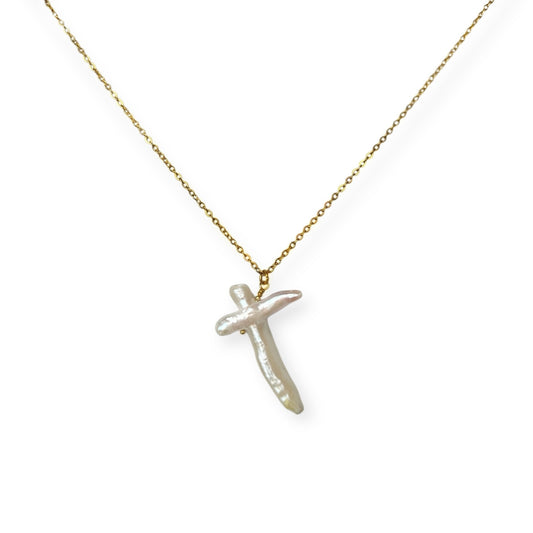 Halskæde med kors ferskvandsperle Guld