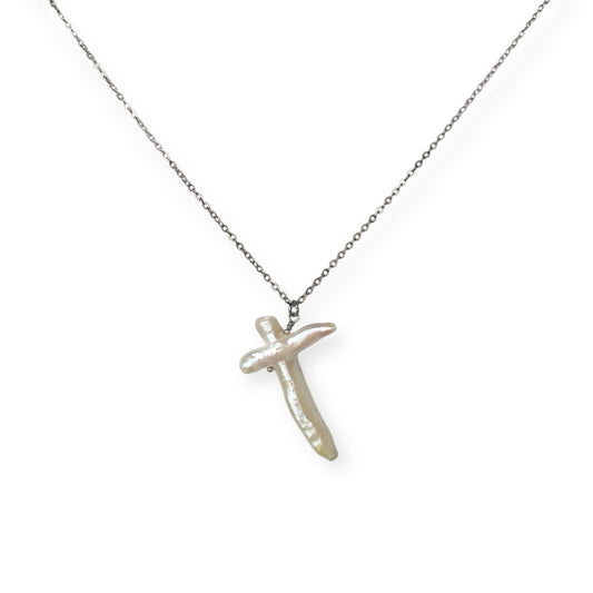 Halskæde med kors ferskvandsperle Sølv