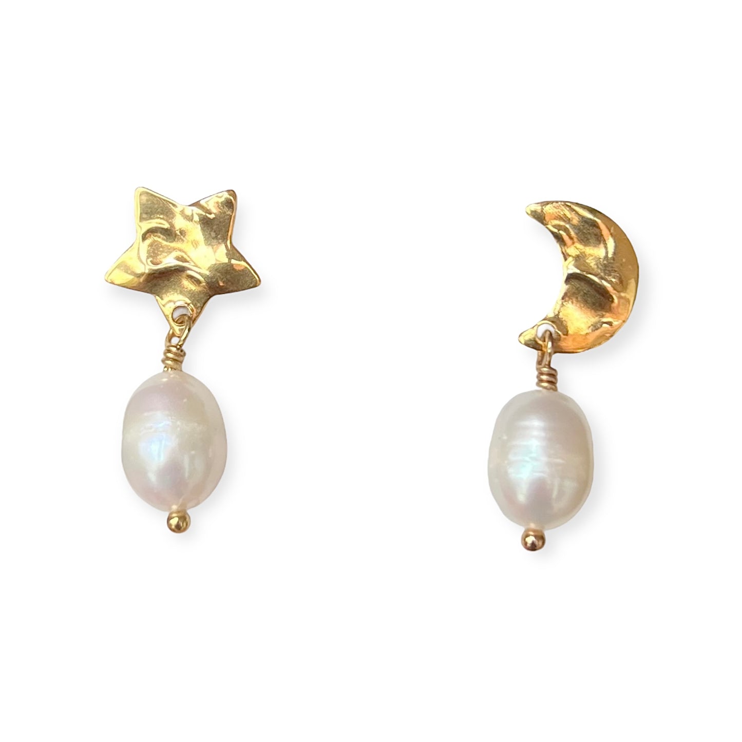 Øreringe med måne, stjerne og ferskvandsperler Guld